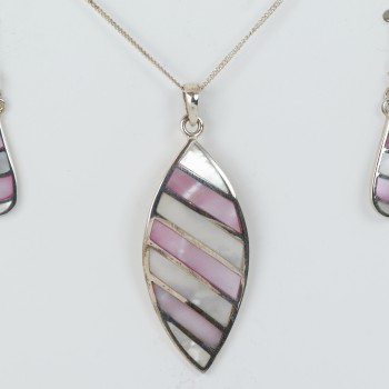 Sterling Silver/Mother-of-Pearl/Pink teardrop Earrings and Pendant Set